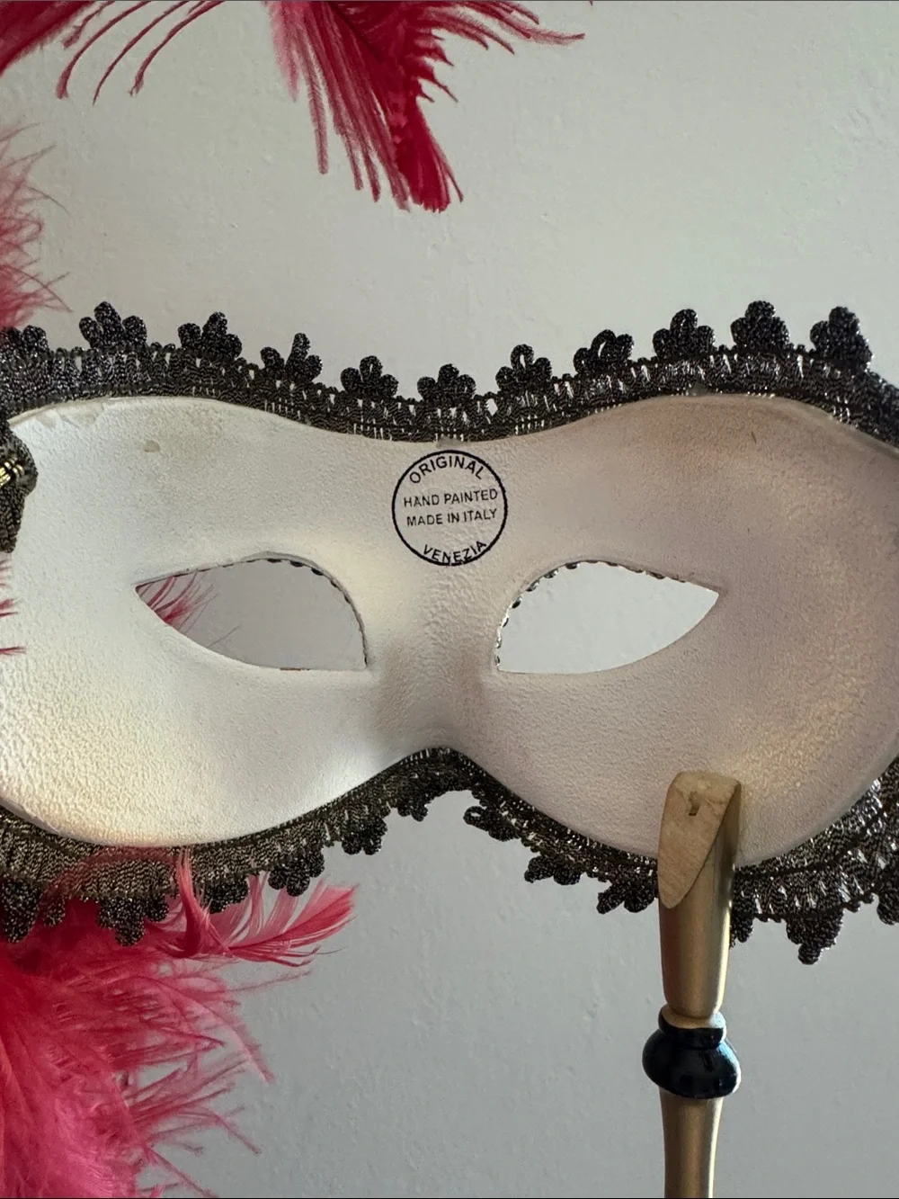 Gold Venetian Handheld Mask with Red Feather Accent
